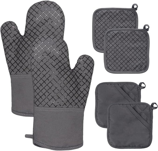 4 Pcs Oven Mitts and Pot Holders,500°F High Heat Resistant Kitchen Oven Mitts with Pot Holders,Long Oven Mitts with Recycled Cotton Infill and Silicone Non-Slip Surface for Baking and Cooking(Grey) by -PlantWateringGlobes-