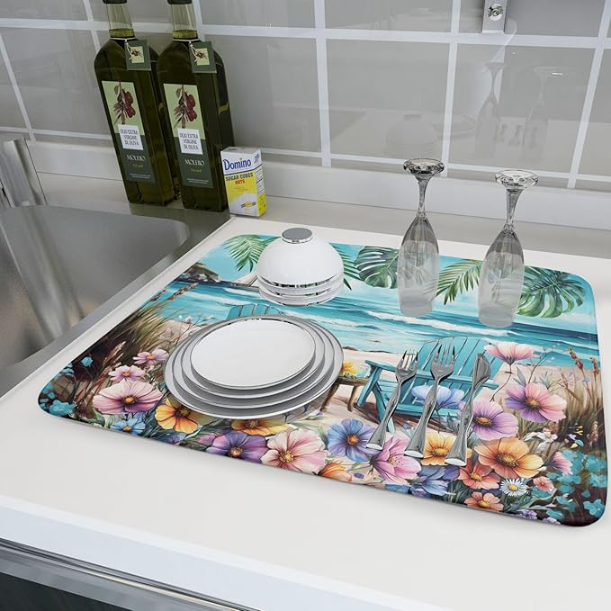 Spring Summer Sea Chair Dish Drying Mat for Kitchen Counter,Coastal Beach Palm Leaf Flowers Drying Mat 18 x 24 Inch with Absorbent Reversible Microfiber Drying Pad for Coffee Bar - Image 6