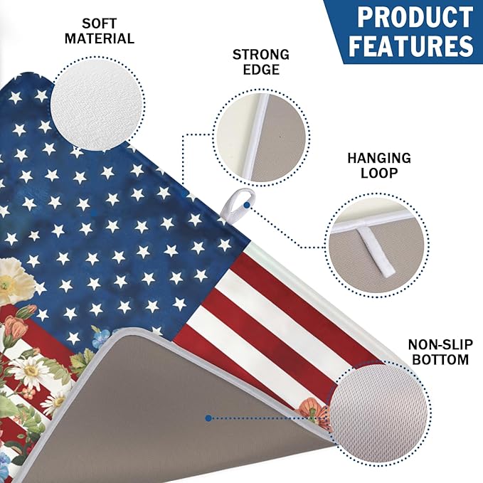 4th of July Dish Drying Mat 24x18 Inch, Patriotic Drying Mat with Absorbent Reversible Microfiber, Independence Day Dish Drainer Mats Memorial Day Rack Pad for Coffee Countertop Kitchen Protector