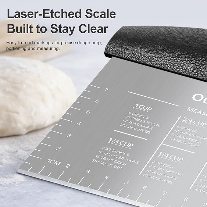 Ourokhome 2 Pack Bench Scraper Dough Cutter, Stainless Steel Dough Scraper with Laser-Etched Scale, Conversion Chart, Non-Slip Handle, Dishwasher Safe for Bread & Pastry, Black and Red - Image 3