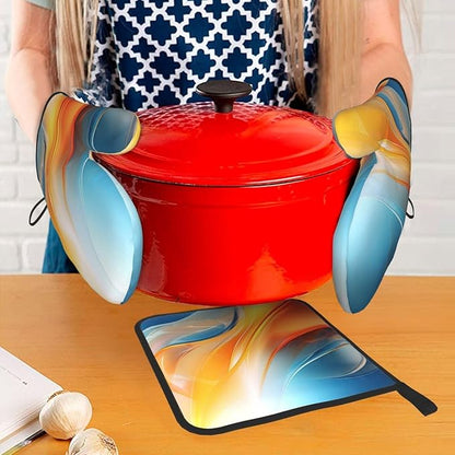 Burnt Orange Blue Abstract Fluid Oven Mitts and Pot Holders Sets of 3, Heat Resistant Non-Slip Boho Modern Kitchen Gloves Gift for Cooking Lover, Stylish Kitchen Decor for Baking BBQ Cooking Grilling - Image 3