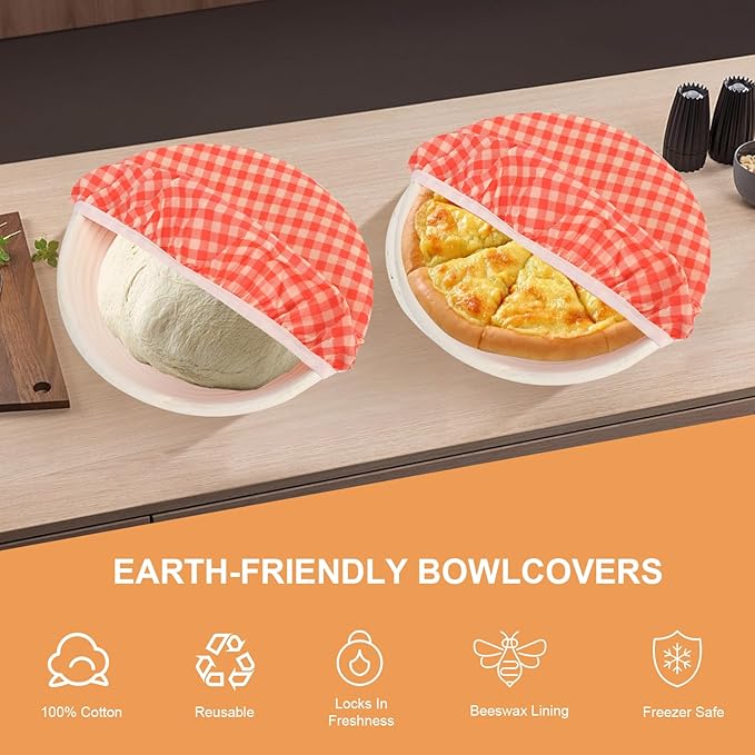 Reusable Bowl Covers for Bread Proofing（2 Large）- Cotton Beeswax Bowl Covers Reusable with Elastic Rim, Sourdough Bowl Cover for Food Storage and Food Preservation (10INCH) (checkered)