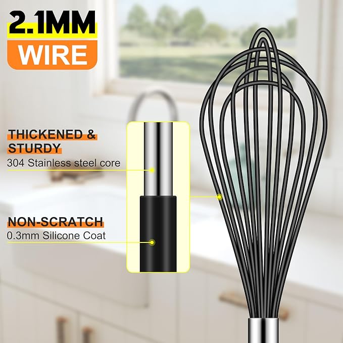 HOTEC 4 Pieces Silicone Whisks Set, Wire Balloon Whisks Egg Beater, Non-slip Handle Whisk for Non-stick Cookware Perfect for Cooking, Stirring, Beating and Blending (Black) - Image 5