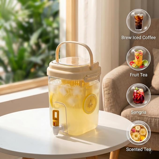Drink Dispenser for Fridge with Filter Screen, 2L Leak-proof Plastic Beverage Dispenser with Spigot for Iced Tea, Lemonade, Juice, Water Pitcher Container for Bbq, Picnic & Partie (Yellow)