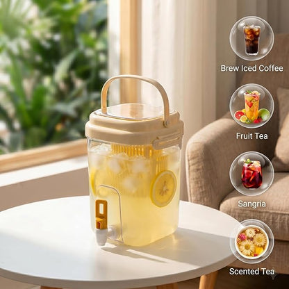 Drink Dispenser for Fridge with Filter Screen, 2L Leak-proof Plastic Beverage Dispenser with Spigot for Iced Tea, Lemonade, Juice, Water Pitcher Container for Bbq, Picnic & Partie (Yellow)