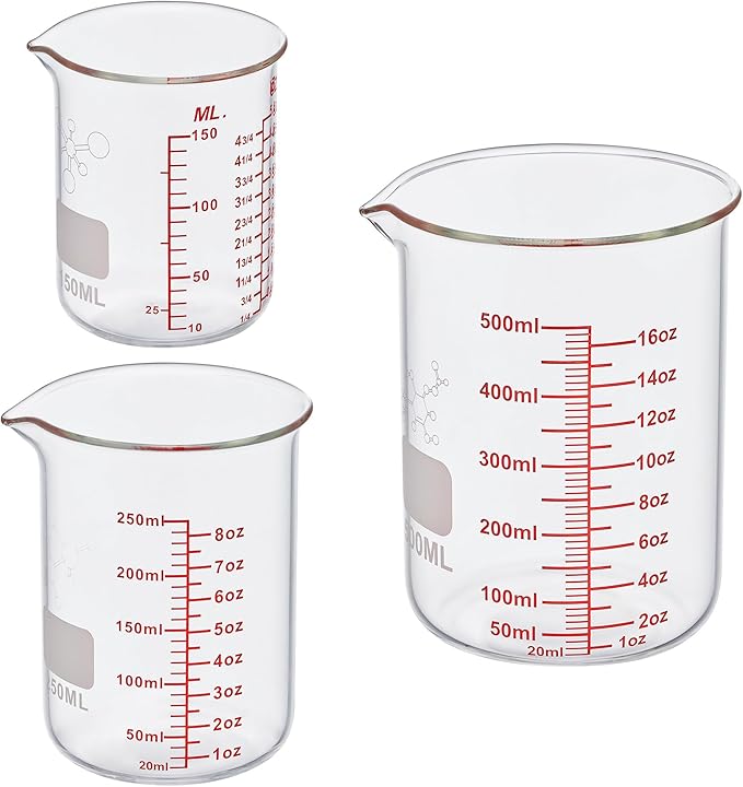 3 Piece High Borosilicate Glasss Liquid Measuring Cups, Includes 150ml(5OZ),250ml(8OZ),and 500ml(16OZ), Dishwasher, Freezer, Microwave, and Preheated Oven Safe, Essential Kitchen Tools by AckersBORO33