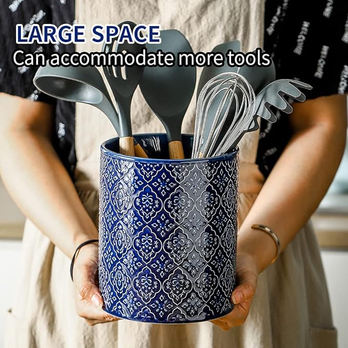 KOOV Kitchen Utensil Holder, Large Utensil Holders for Countertop, 6 x 7 Inches Ceramic Utensil Crock, Deep and Stable, Cooking Utensil Holder, Embossed Pattern (BLue) - Image 5