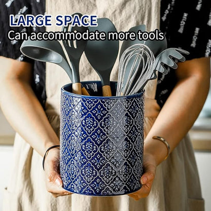 KOOV Kitchen Utensil Holder, Large Utensil Holders for Countertop, 6 x 7 Inches Ceramic Utensil Crock, Deep and Stable, Cooking Utensil Holder, Embossed Pattern (BLue) - Image 5
