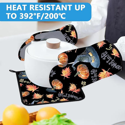 Halloween Pumpkin Autumn Maple Leave Oven Mitts and Pot Holders Sets Heat Resistant 4Pcs Potholders Oven Gloves Hot Pads for Kitchen Baking Cooking Grilling BBQ