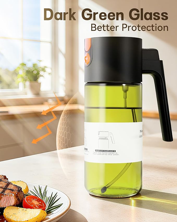 OURCABECUE Upgrade 2 in 1 Oil Sprayer for Cooking, 17oz Light-Blocking Glass Olive Oil Dispenser Bottle for Kitchen,Food-Grade Oil Mister with 8 Stickers(2PCS) - Image 6