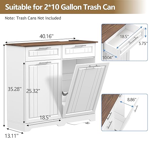 Double 10 Gallon Tilt Out Trash Can Cabinet with Deodorizing Function and Power Outlet, Wooden Hidden Garbage Can Holder with 2 Storage Drawers for Kitchen, Laundry Hamper Cabinet for Bathroom, White