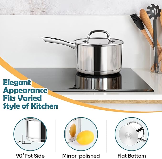 P&P CHEF 3 Quart Saucepan with Lid Set, Stainless Steel Small Cooking Pot Induction Sauce Pan for Pasta Soup, Ergonomic Handle & Tri-ply Base, Dishwasher Safe, 1 Pan - Image 7