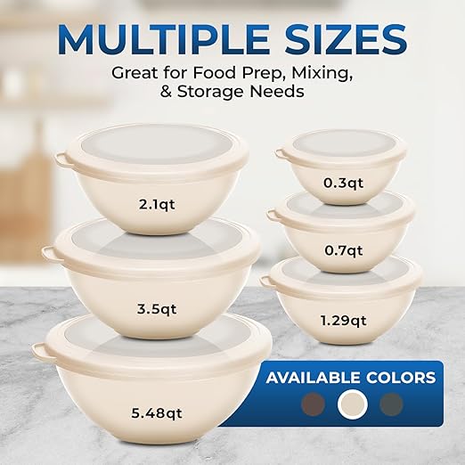 Bakken Master 12 Piece Plastic Nesting Bowls with Lids - Mixing Bowls Set includes 6 Prep Bowls and 6 Lids, BPA-Free, Reusable Meal Prep Containers, Microwave, Freezer & Dishwasher Safe, White Cream - Image 6
