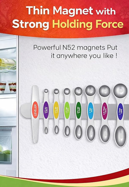 Premium Magnetic Measuring Spoons Set|Strong N52 Magnets|Heavy Duty Stainless Steel|Dual-Sided for Spice Jar & Liquid Measuring|Dishwasher Safe|7 Spoons with Leveler for Baking & Cooking (Colorful) - Image 3