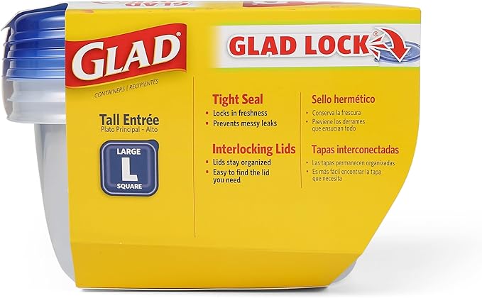 Glad GladWare Tall Entree Food Storage Containers with Lids, Large Square BPA Free Plastic for Meal Prep and Lunches, Lock Tight Seal, Microwave and Dishwasher Safe, 42 Oz, 3 Count - Image 7