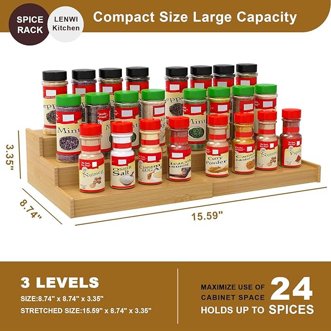 Lenwi Spice Rack Organizer for Cabinet, 3 Tier Expandable Bamboo Spice Storage for Kitchen Cupboard Pantry - Image 4