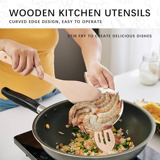 Wooden Spoons for Cooking, 4-Piece Wood Utensil Set Includes Slotted Spoon, Spoon & Wooden Spatula for Cooking – Uncoated Beech Wood Kitchen Utensil Set – 12 Inch Hardwearing Tools - Image 4