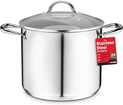Stainless Steel Stockpot with Tempered Glass Lid 24 Quart, Durable 18/0 Stainless Steel, Impact-Bonded Base for Even Heating, Riveted Handles, Oven & All Stove Compatible, Safe Up To 500°F (260°C)