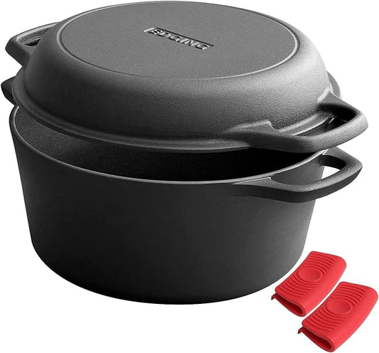 EDGING CASTING 2-in-1 Pre-Seasoned Cast Iron Dutch Oven Pot with Skillet Lid Cooking Pan, Cast Iron Skillet Cookware Pan Set with Dual Handles, Indoor Outdoor for Bread/Frying/Baking/Camping/BBQ, 5 Qt by EDGINGCOOKWARE