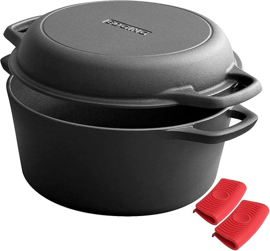EDGING CASTING 2-in-1 Pre-Seasoned Cast Iron Dutch Oven Pot with Skillet Lid Cooking Pan, Cast Iron Skillet Cookware Pan Set with Dual Handles Indoor Outdoor for Bread, Frying, Baking, Camping, 7QT by EDGINGCOOKWARE