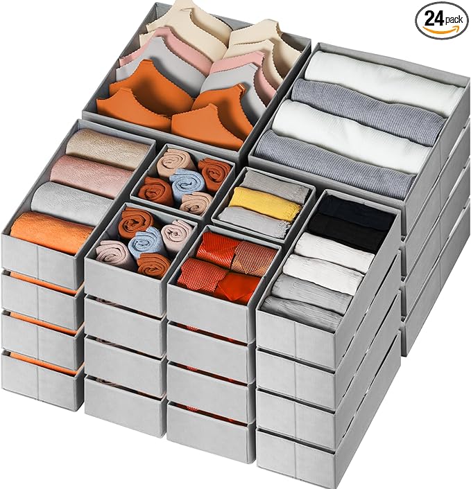 Criusia Drawer Organizer Clothes 24 Pack, Fabric Closet Organizers and Storage Bins for Underwear Sock, Odorless Dresser Drawer Dividers for Baby Nursery Organization (Grey) by Criusia