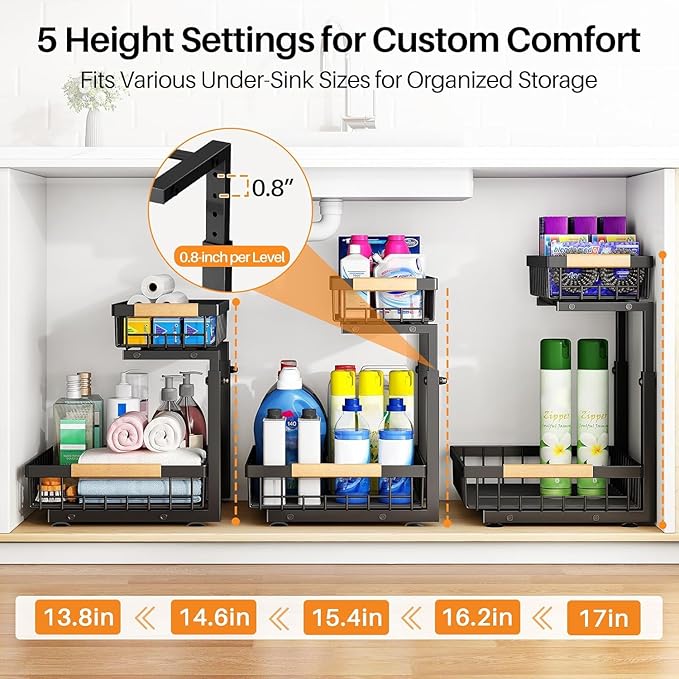 PXRACK Under Sink Organizer, Adjustable Height, 2 Tier Pull Out Under Cabinet Organizer, Slide Out Thickened Metal Under Sink Storage for Kitchen Bathroom Laundry Pantry Cabinet, Black, Large-2-Pack - Image 5