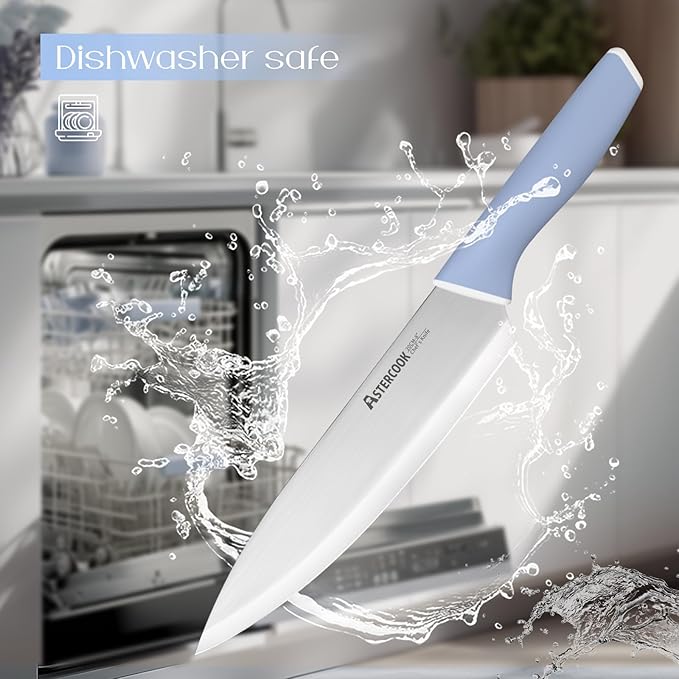 Astercook Kitchen Knife Set with Block and Sharpener 15 Piece German High Carbon Stainless Steel Knives Sharp Blade Dishwasher Safe Deba Knives with Ergonomic Handle, Delicate Blue - Image 9