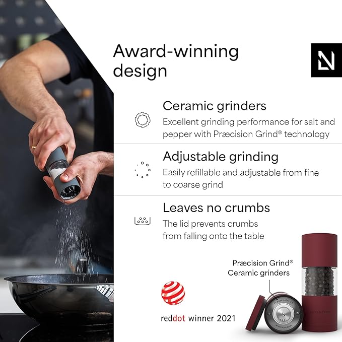 LARS NYSØM Salt and Pepper Grinder Set, Manual Salt and Pepper Mills with Adjustable Ceramic Grinder, Design Spice Shaker Set (Berry Red) - Image 2