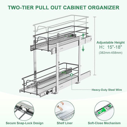 2-Tier Pull Out Cabinet Organizer (8" W x 22" D), Soft Close Cabinet Slide Out Shelves, Heavy Duty Slide Out Drawers with Shelf Liner for Kitchen Cabinets, Pantry Storage, Bathroom