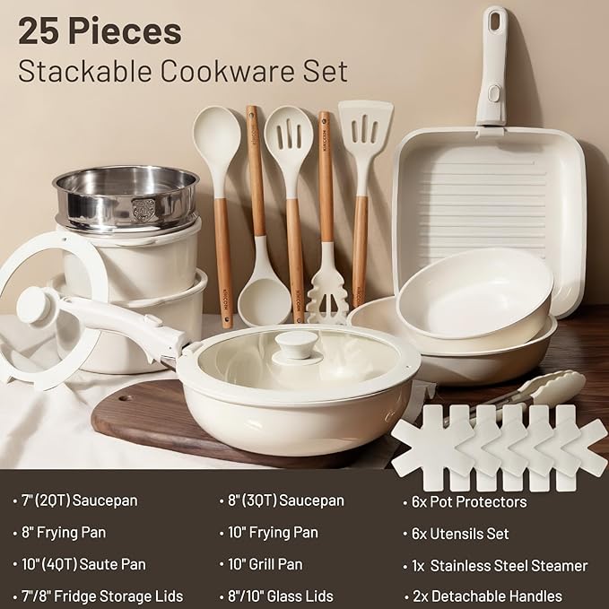 KIKCOIN Nonstick Pots and Pans Set - Ceramic Cookware Set with Detachable Handle - 25 Pack Healthy Pans Set for Cooking - Stackable for RV Kitchen, Induction Ready - Dishwasher and Oven Safe - Image 5