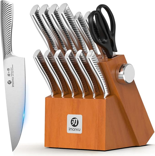 imarku 14-Piece Knife Set, Japanese Stainless Steel Knives Set for Kitchen, Full-Tang Gyutou Knife Sets with Block and Build-in Sharpener, Brown, Dishwasher Safe, House Warming Gifts for Mom by imarku