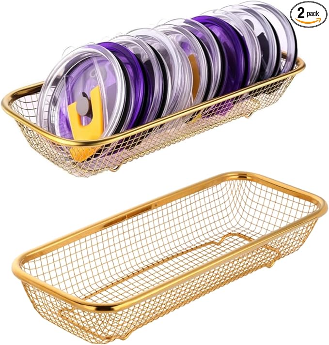 2Pack Stainless Steel Tumbler Cup Lid Organizer Inside Cabinet, Mason Jar Lid Holder, Rectangular Basket for Storage of Silverware, Chopsticks, straws and Utensils, Gold by YokuMade