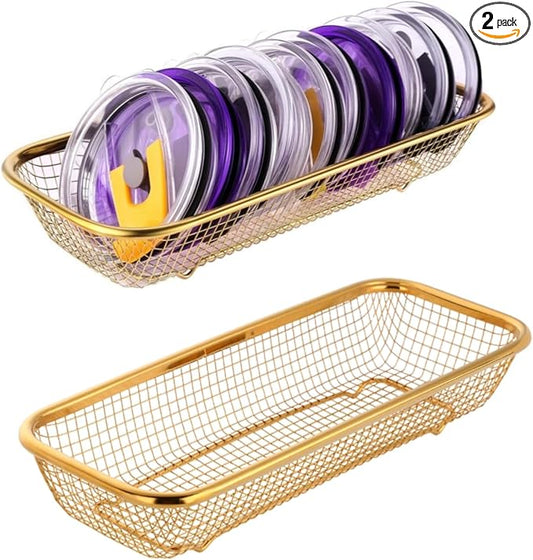 2Pack Stainless Steel Tumbler Cup Lid Organizer Inside Cabinet, Mason Jar Lid Holder, Rectangular Basket for Storage of Silverware, Chopsticks, straws and Utensils, Gold by YokuMade