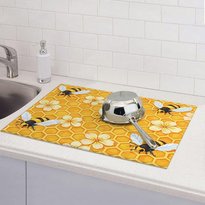 Bee Dish Drying Mat For Kitchen Counter Absorbent Large Kitchen Fast Dry Pad Reusable Washable Protector Rack Large Mat 18 X 24