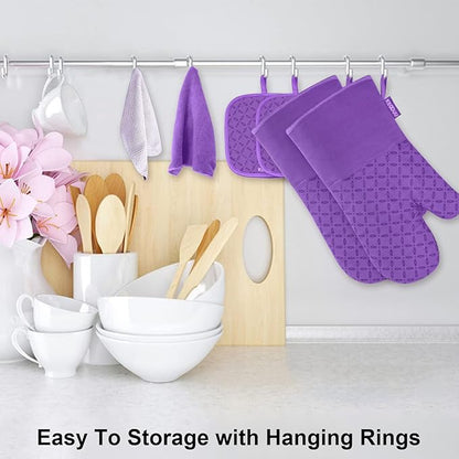 KEGOUU Oven Mitts and Pot Holders 6pcs Set, Kitchen Oven Glove High Heat Resistant 500 Degree Extra Long Oven Mitts and Potholder with Non-Slip Silicone Surface for Cooking (Purple) - Image 3