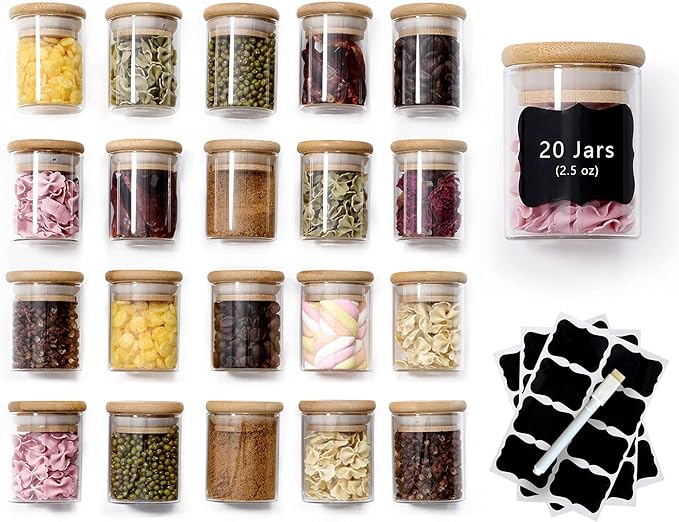 20 Pcs Glass Spice Jars with Airtight Bamboo Lids, Labels and Pen, 2.5oz Mini Clear Food Storage Containers for the Pantry, Kitchen Canisters for Tea, Herbs, Sugar, Salt, Coffee and More by ZPGXLRZ
