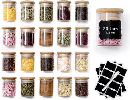 20 Pcs Glass Spice Jars with Airtight Bamboo Lids, Labels and Pen, 2.5oz Mini Clear Food Storage Containers for the Pantry, Kitchen Canisters for Tea, Herbs, Sugar, Salt, Coffee and More by ZPGXLRZ