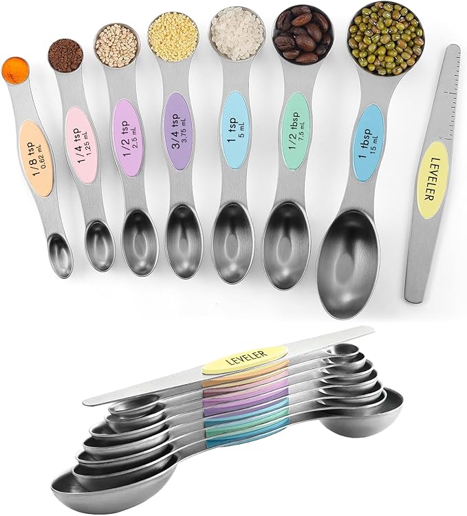 ChefAide Pack of 8 Stainless Steel Magnetic Measuring Spoons Set, Dual Sided, Stackable, Adjustable Teaspoon and Tablespoon Measure Spoon with Leveler, Kitchen Gadgets by ChefAide