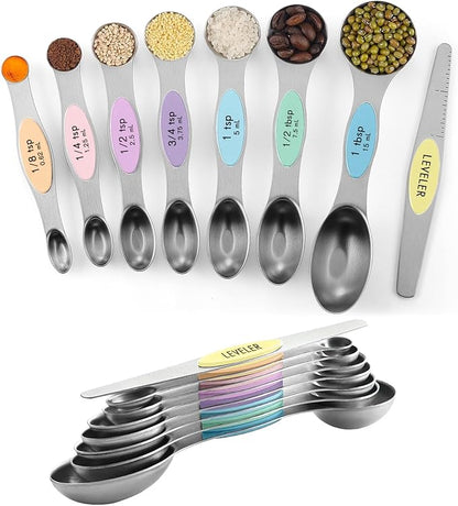 ChefAide Pack of 8 Stainless Steel Magnetic Measuring Spoons Set, Dual Sided, Stackable, Adjustable Teaspoon and Tablespoon Measure Spoon with Leveler, Kitchen Gadgets by ChefAide