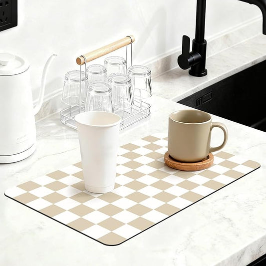 12" x 20" Checkered Dish Drying Mat for Kitchen Counter, Absorbent Coffee Bar Mat for Espresso Machine Coffee Countertops Accessories, Beige by Unknown