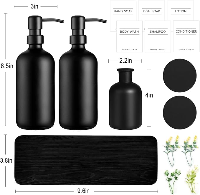 Dish Soap Dispenser for Kitchen, Black Hand Soap Dispenser with Stainless Steel Pump, Kitchen Soap Dispenser Set with Wood Riser Tray, Matte Black Bathroom Soap Dispenser Set Bathroom Decor - Image 2