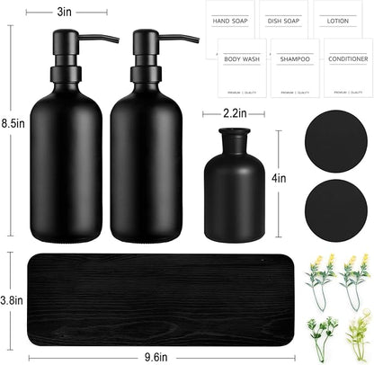 Dish Soap Dispenser for Kitchen, Black Hand Soap Dispenser with Stainless Steel Pump, Kitchen Soap Dispenser Set with Wood Riser Tray, Matte Black Bathroom Soap Dispenser Set Bathroom Decor - Image 2