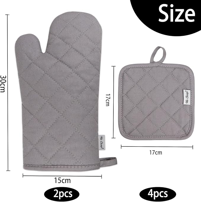 Oven Mitts and Pot Holders Sets,6 Pcs Oven Mitts and Potholders with Recycled Cotton High Heat Resistant Extra Thick Long Oven Mitts for Cooking(Gray) - Image 3