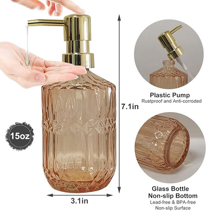Glass Soap Dispenser with Gold Pump, 15oz Liquid Hand Dispenser, Refillable Lotion Dish Soap Dispenser for Modern Home Decor, Bathroom, Kitchen Countertop, Hotel(Amber)