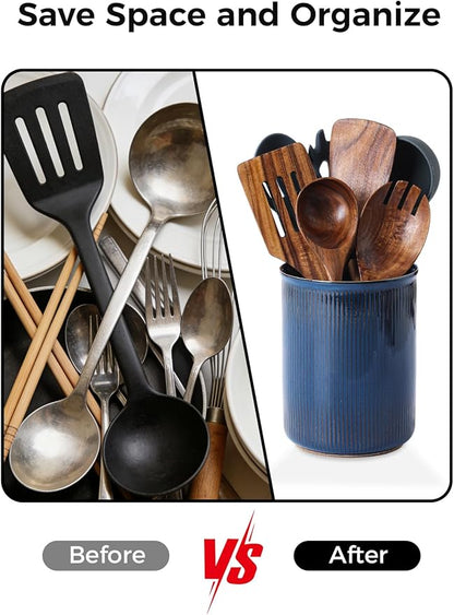 LoeJan Utensil Holder, Extra Large Utensil Crock, Stable Ceramic Utensil Organizer, Cooking Tool Organizer Set for Kitchen Counter Farmhouse Décor, Flambe Blue - Image 6