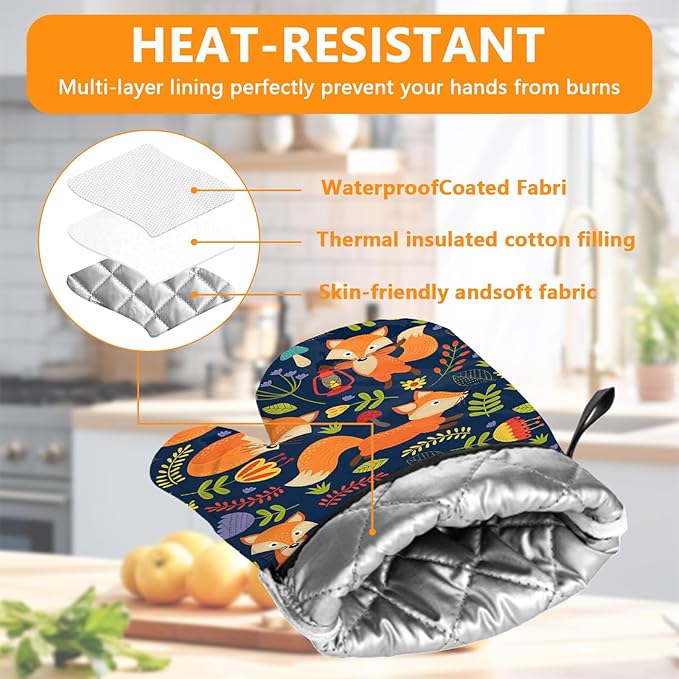 Cute Fox Oven Mitts and Pot Holders Sets 4Pcs,Extra Long Oven Gloves Potholder for Kitchen Cooking Baking BBQ 100% Cotton Heat Resistant - Image 3
