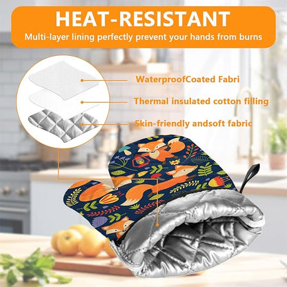 Cute Fox Oven Mitts and Pot Holders Sets 4Pcs,Extra Long Oven Gloves Potholder for Kitchen Cooking Baking BBQ 100% Cotton Heat Resistant - Image 3