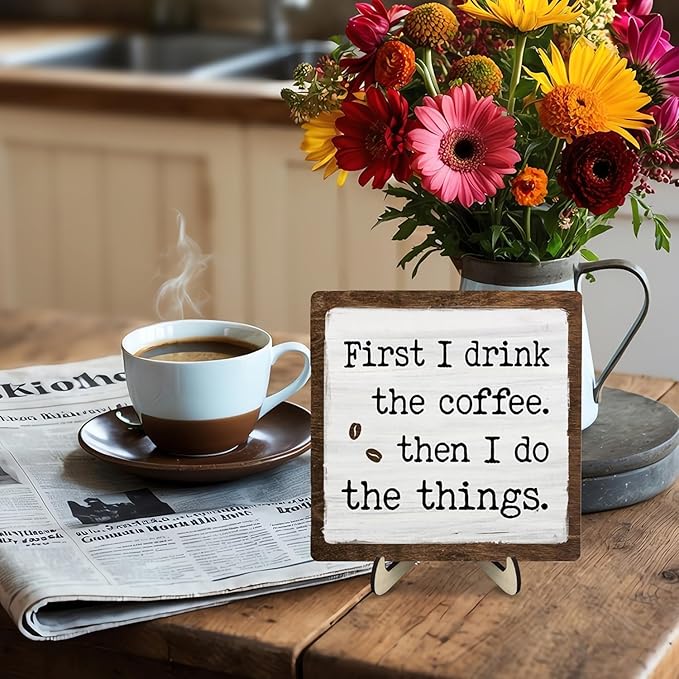 Vintage Coffee Bar Sign Plaque - First I Drink The ...Farmhouse Wooden Sign for Coffee Station Kitchen Office Desk or Bookshelf Decoration,Cafe Bar Signs Decor 5.9x5.9Inch - Image 6