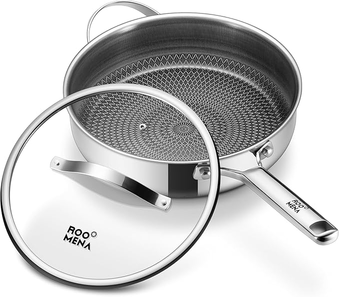 Roomena Frying Pans Nonstick with Lid, Hybrid Ceramic Nonstick Tri-Ply Saute Pan with Lid,PFAS/PFOA/PTFE Free, Metal Utensil Safe, Dishwasher & Oven Safe, Induction Compatible