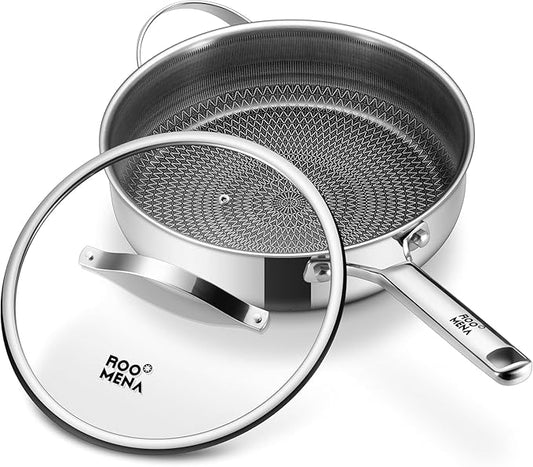 Roomena Frying Pans Nonstick with Lid, Hybrid Ceramic Nonstick Tri-Ply Saute Pan with Lid,PFAS/PFOA/PTFE Free, Metal Utensil Safe, Dishwasher & Oven Safe, Induction Compatible